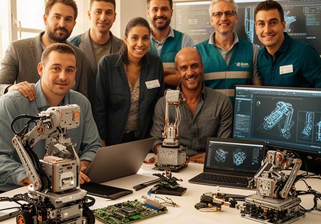 Equipo multidisciplinar de ingenieros robóticos trabajando en la oficina de Jerez con prototipos de robots y pantallas de diseño