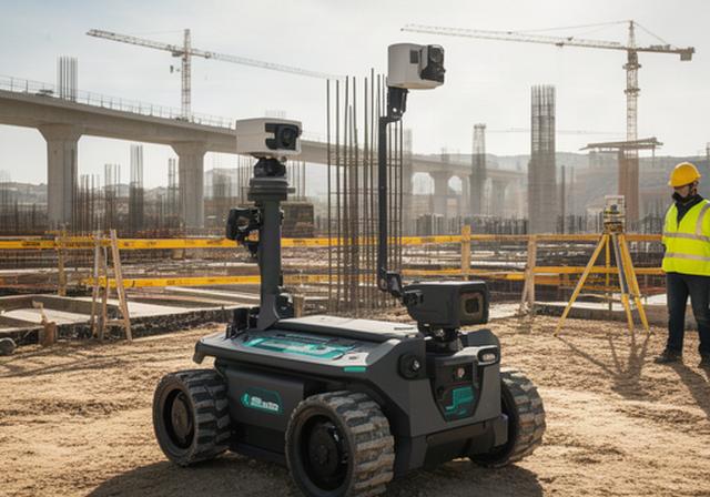 Robot terrestre con sensores avanzados inspeccionando una obra de infraestructura civil en Andalucía con casco de seguridad visible